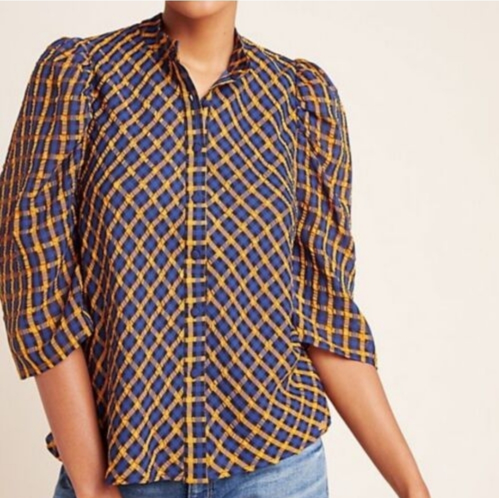 Eva Franco Anthropologie Plaid Button Down Blouse Womens 14 Orange Blue